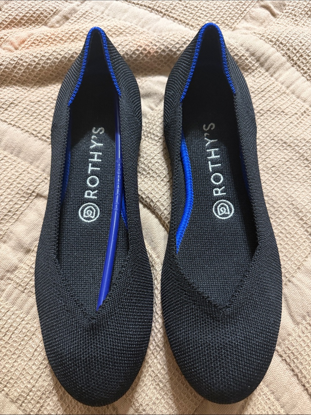 Rothy's Black Knit Ballet Flats with Blue Trim